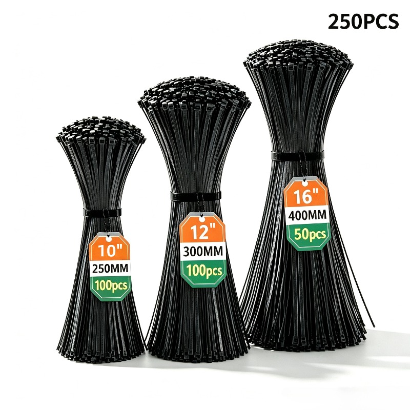 TEMU Lot de 250 Attaches-câbles Robustes Résistantes aux UV pour des Câbles, Multi-tailles (10/12/16 Pouces) Sangles de Fixation en Plastique Solide