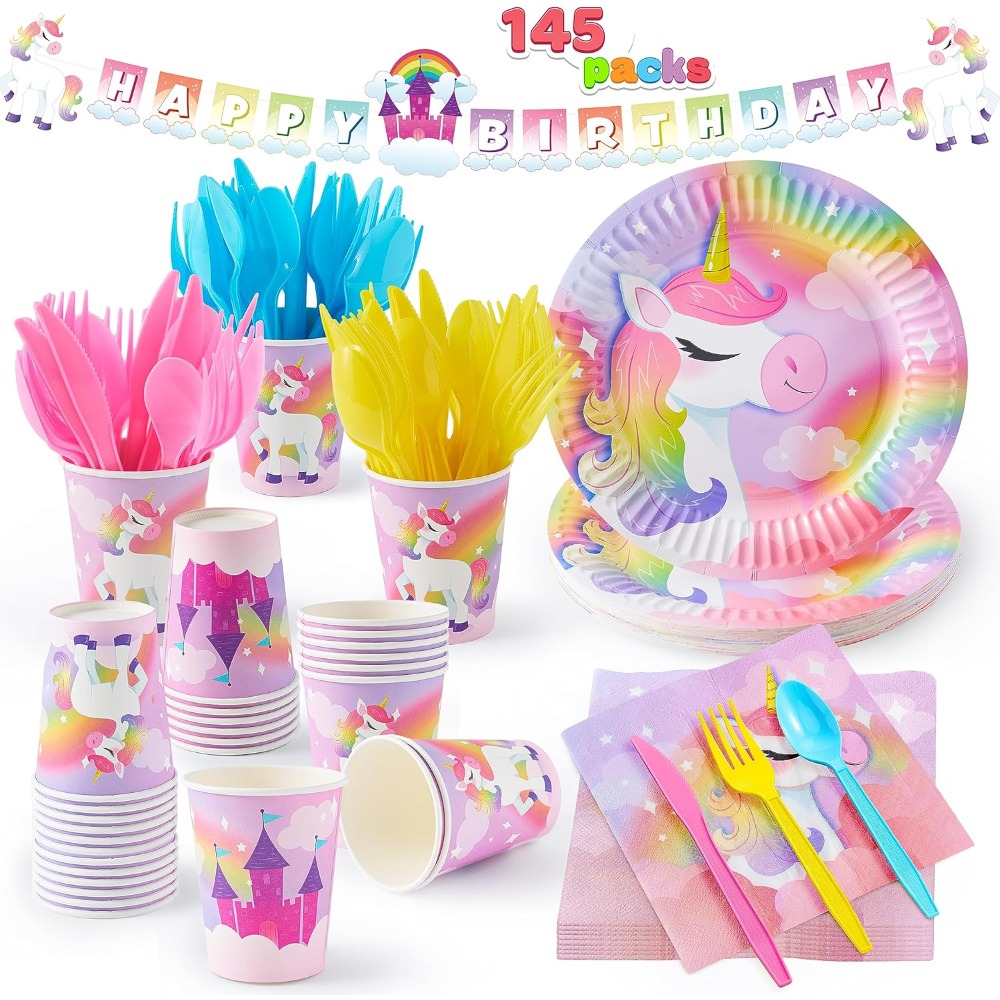 TEMU SYNCFUN 145 pièces Fournitures de Fête d'Anniversaire Licorne avec Bannière Licorne pour Filles, Service de Table Jetable Licorne Personnes avec