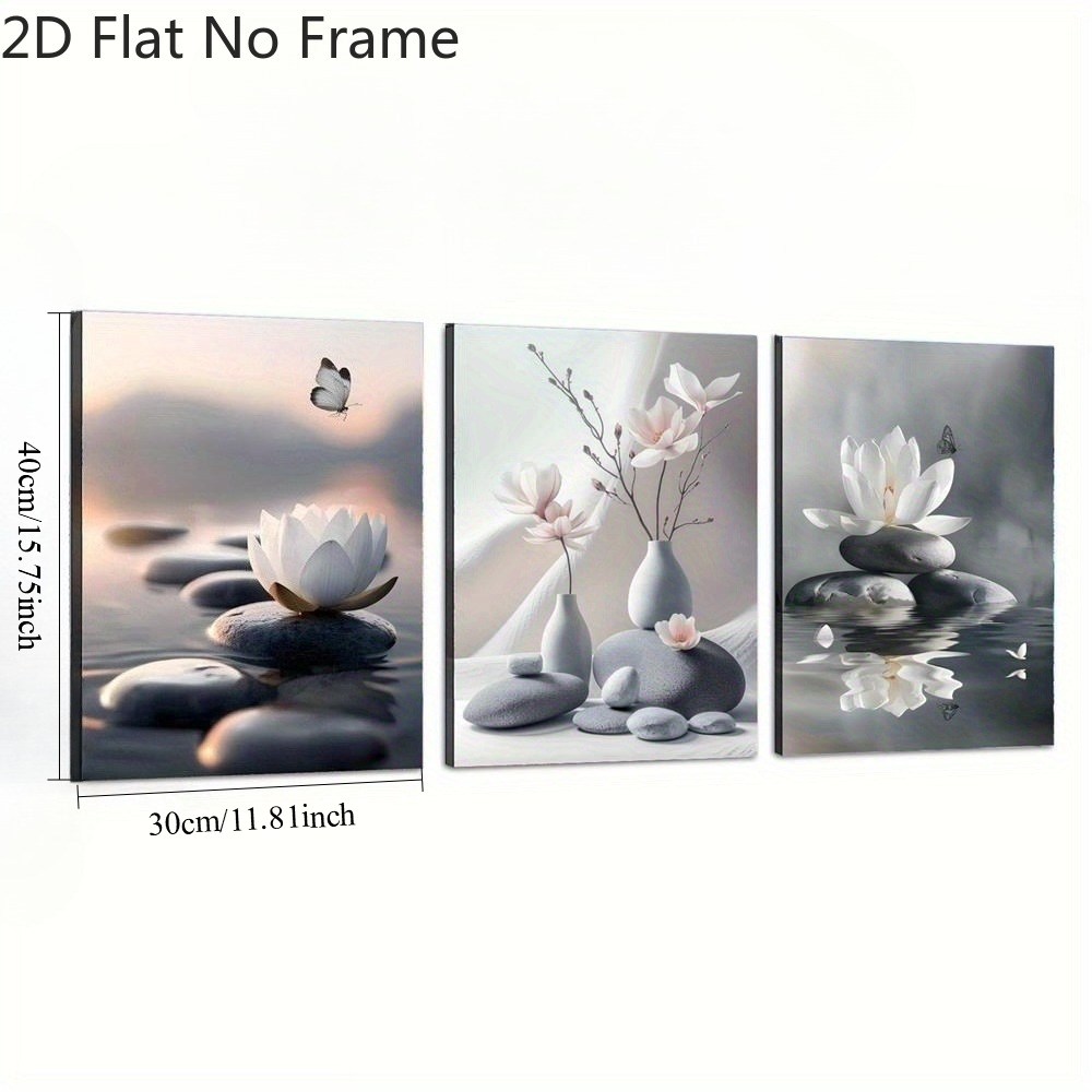 TEMU 2d Flat, 2d Flat, 3pcs 2d Flat Stone Canvas Wall Hangings - Modern Wall Decor With Lotus And , Suitable For Bedroom, Living Room Or Dorm,