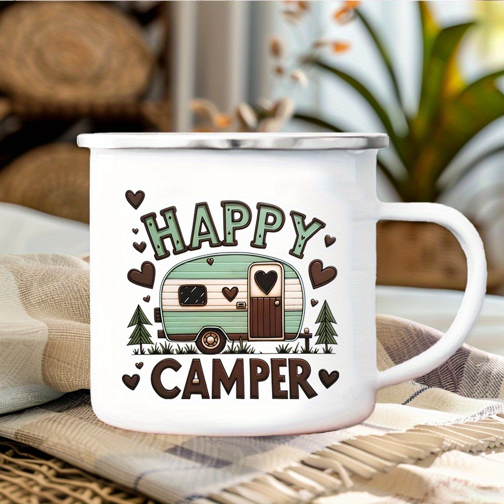 1pc Cute Camping Themed Enamel Cup Durable, Hand Wash Only, Reusable For Coffee, Juice Cold Drinks Perfect For Halloween, Christmas, Thanksgiving