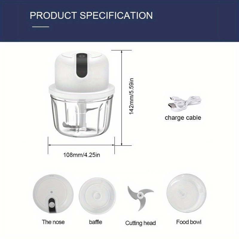 mini electric food processor usb rechargeable garlic mincer meat grinder 11 83oz multi functional kitchen appliance for pepper nuts meat grinding durable plastic lithium battery 18650 series Product details 3