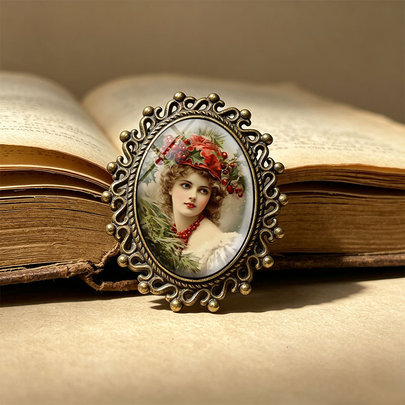 TEMU 1pc Broche Ovale Noël Baie de houx Beauté en verre Broches Vintage Unisexe Vêtements Sac à dos Accessoire