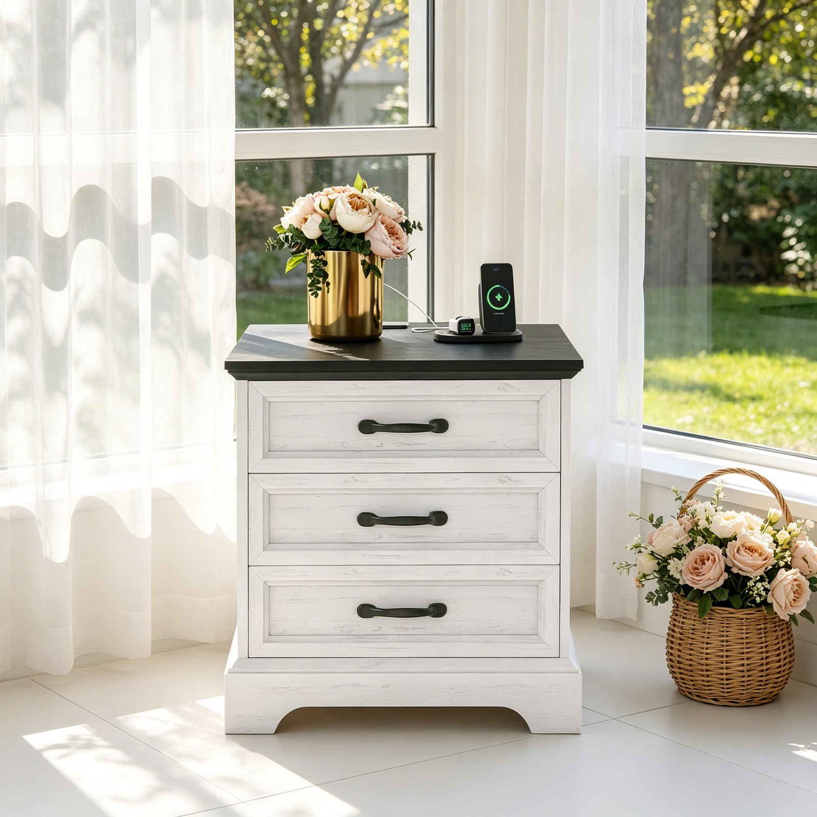 Large 24-inch Modern Farmhouse Nightstand with 3 Drawers - Rustic Bedside Table Suitable for Bedroom & Living Room, Space-Saving End Table with Ample Storage,, Assembly, Multicolor for Small Spaces (Assembly)