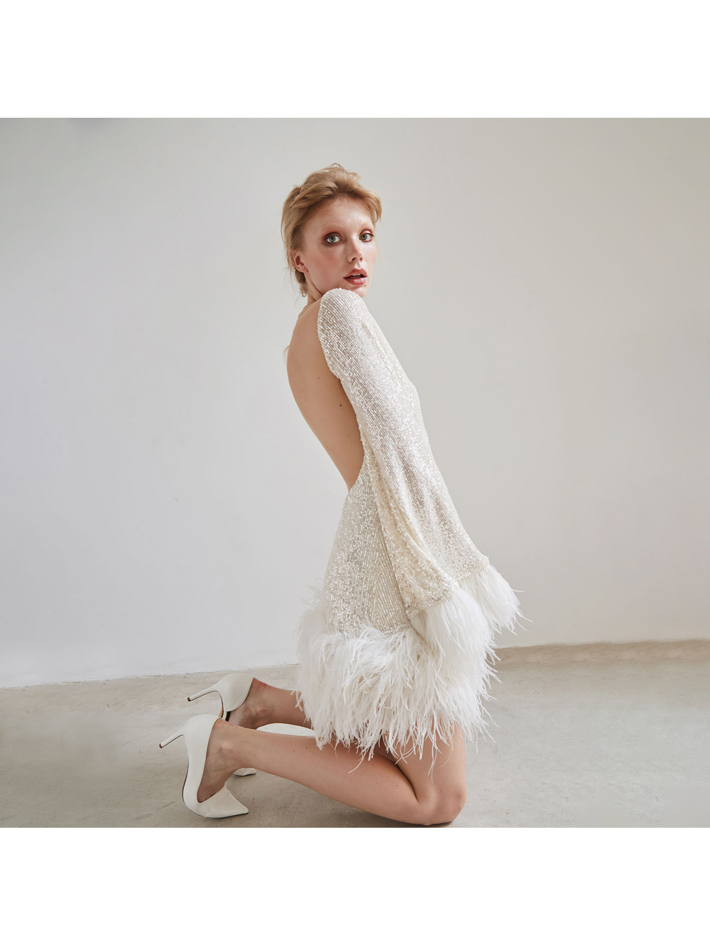 backless crepe dress Love Awaits feather mini dress in Black
