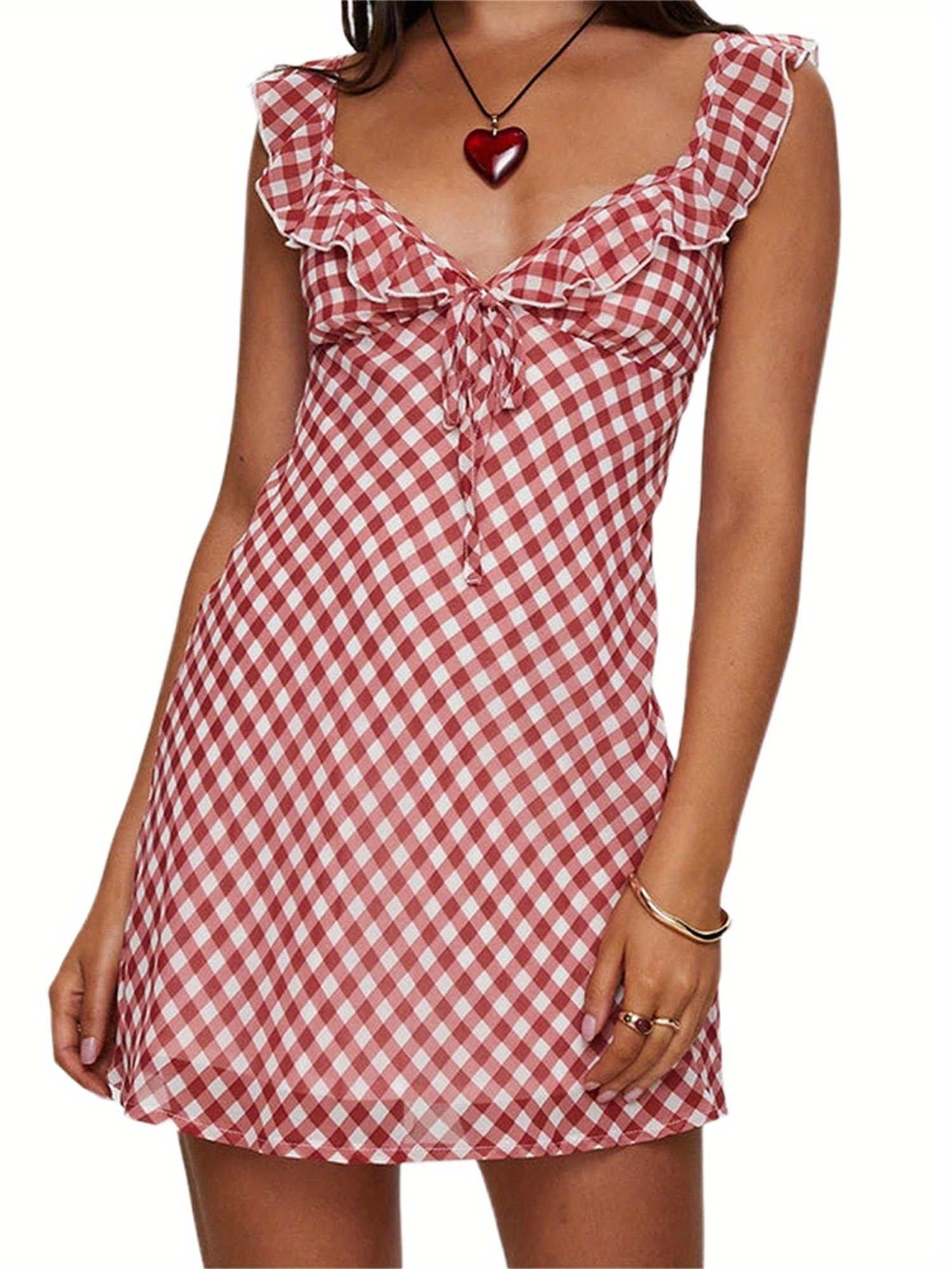 robe mini à bretelles spaghetti rouge blanche à carreaux Temu Canada