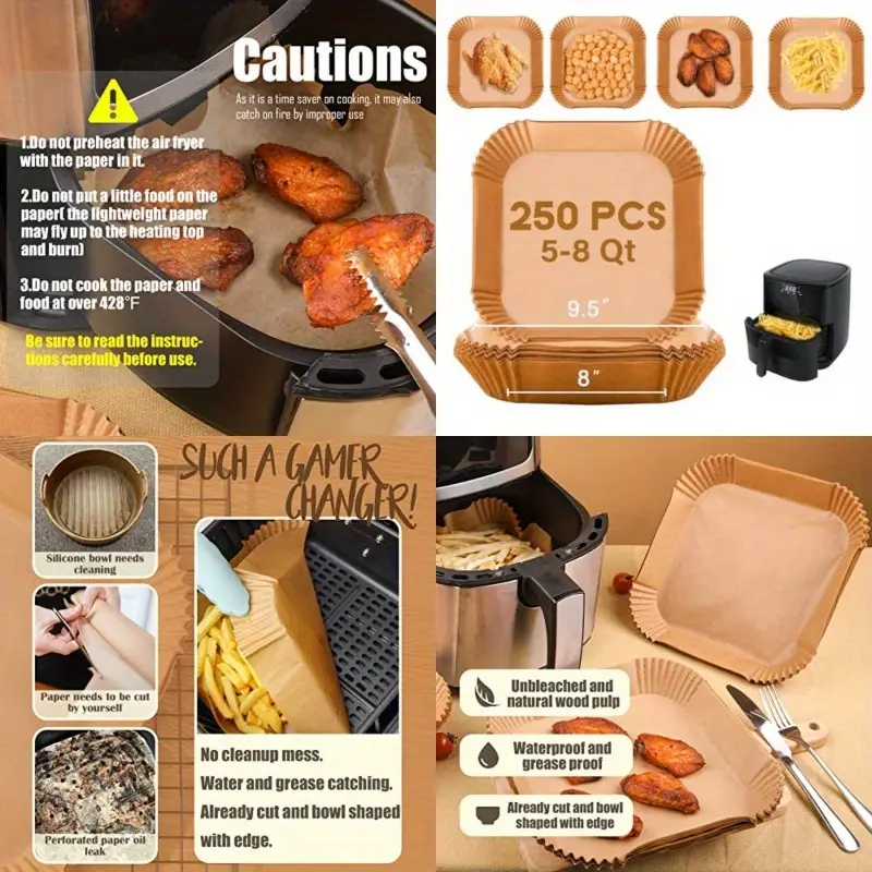 disposable paper liner square 250pcs for 5 to 8 fryer baskets nonstick oilproof parchment liner , disposable air fryer paper liners, air fryer mat, rectangle air fryer liners, air fryer accessoires, air fryer , food prep tools, kitchen essentials, reusable alternative, easy , nontoxic coating, parchment, baking sheet, home cooks, kitchen enthusiasts Product details 0