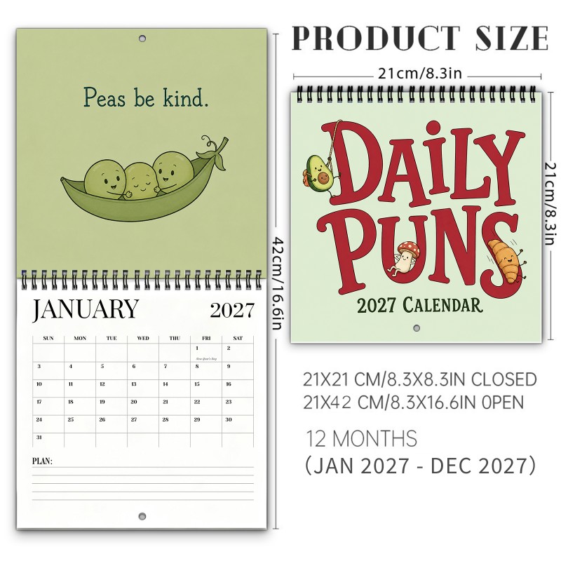 TEMU Funny 2027 Wall Calendar Avocado Characters On Vegetables And Sayings Spiral-bound With Thick Paper And Marked Holidays Halloween Christmas Gift