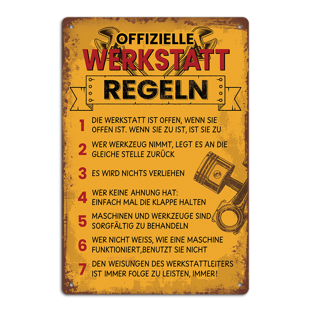 Image of [2d Flat] 1pc Vintage German Metal Tin Sign "official Workshop Rules"- Humorous Regulations For Man Cave, Garage, Tool Room, 7.8 X 11.8 Inches, Wall-mounted, Decor, Vintage Metal Tin Sign