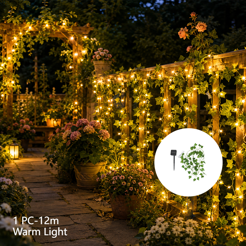 TEMU Guirlande Lumineuse Solaire Artificielle de Pothos Vert, Fougère Grimpante, Lampe de Pelouse, 12M/472.44In-100LEDs/7M/275.59In-50LEDs, Feuilles