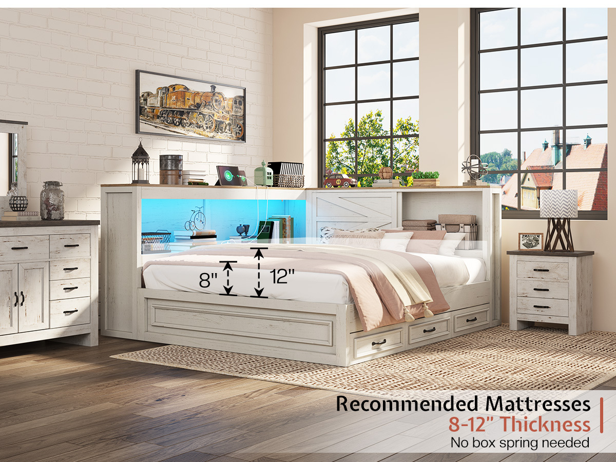 PAPAJET Storage Corner Bed Frame with Bookcase Headboard LED Lights Charging Station and Drawers Farmhouse Platform Bed for Bedroom