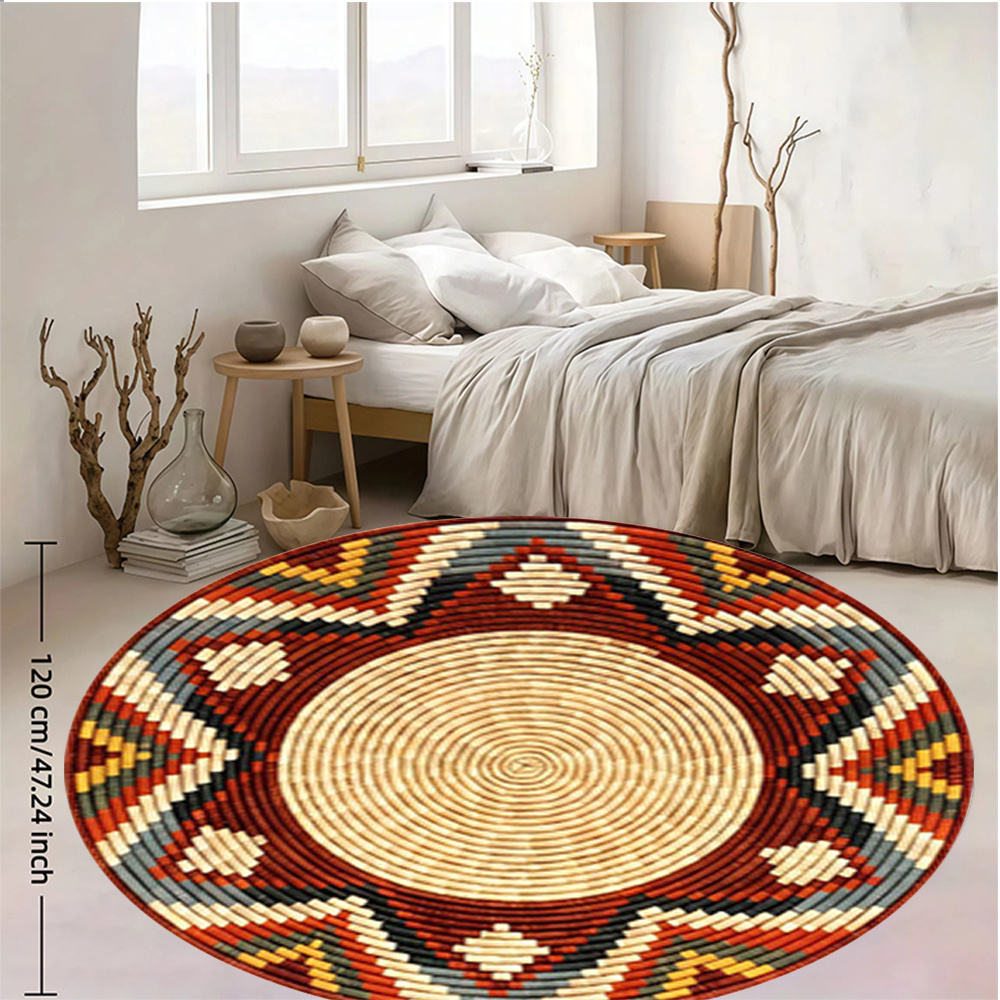 TEMU Round Ethnic Suitable For All- Indoor/outdoor Use - Non-slip Soft Absorbent Floor Mat With Bohemian Geometric Pattern, Machine Washable Suitable