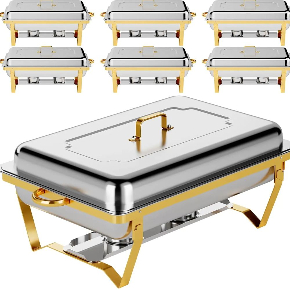 Image of Chafing Dish Buffet Set, 9qt 6 Pack, Rectangular Chafing Dishes For /lid Holder, Stainless Steel Chafer Food Warmers Servers For Kitchen Party Banquet Dining, Golden, For Cooking ( For Cooking)
