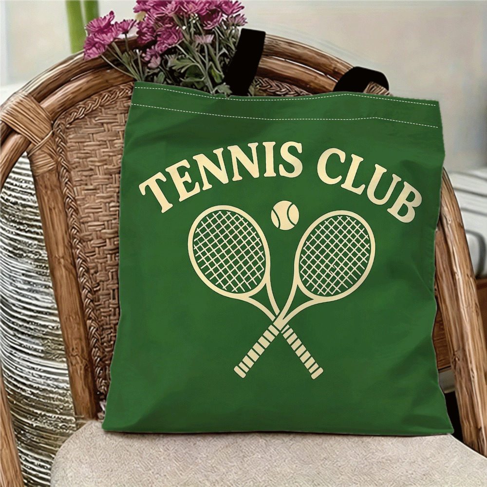 TEMU Tennis Club Logo Design Tote Bag - Reusable Shopping Bag With Fixed Shoulder Strap, Durable And Stylish, Suitable For Everyday Use, Large Tote