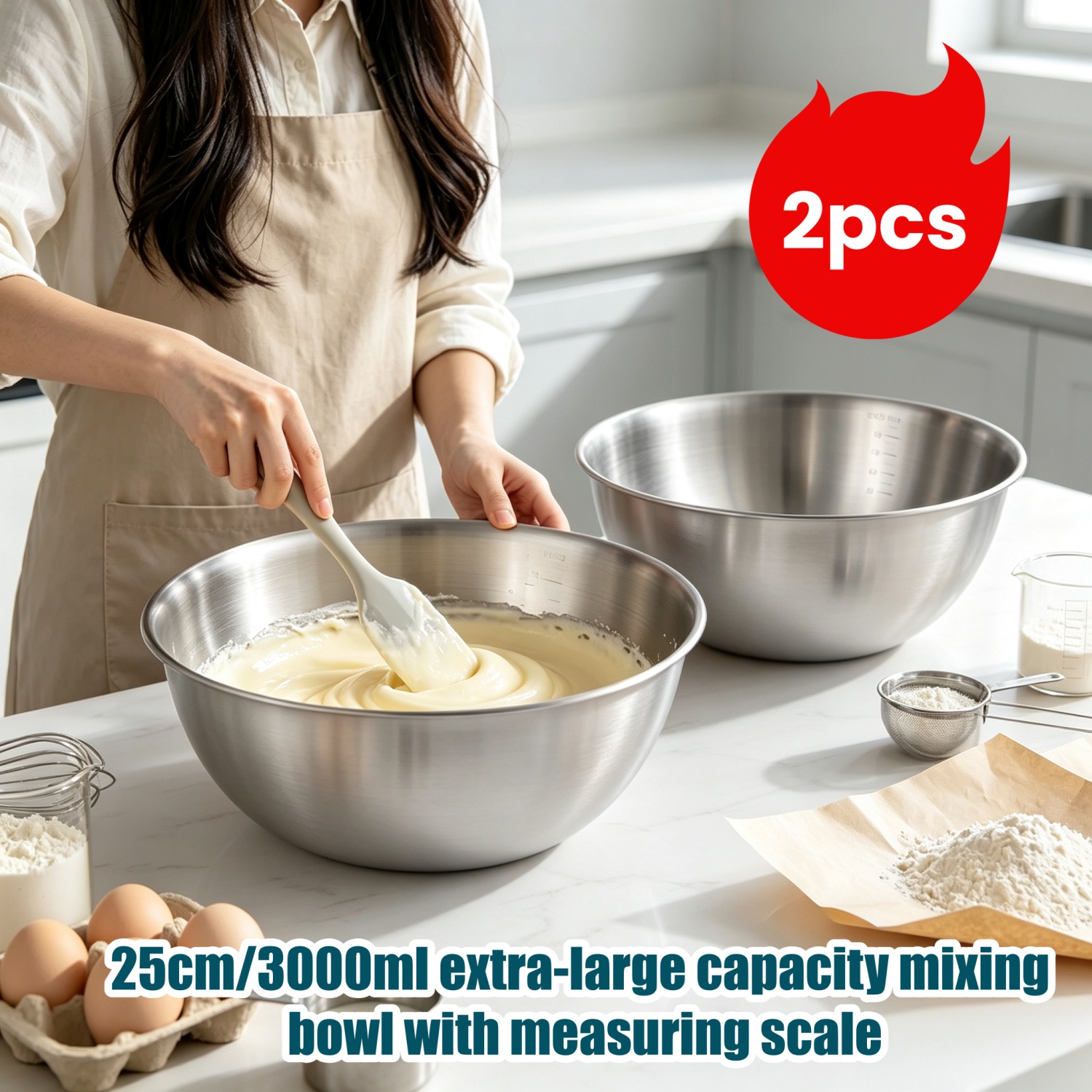 TEMU 2pcs 25cm Silvery Stainless Steel Mixing Bowls With Inner Measurement, Large Metal Prep Bowls, Multipurpose Nesting Bowls For Christmas Cookie