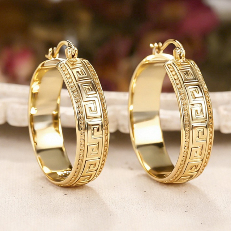E-shop Vintage Griechische Schlüsselmuster Breite Ohrringe für Damen Party Freizeit Urlaub Goldene Ohrringe Schmuck Geschenke