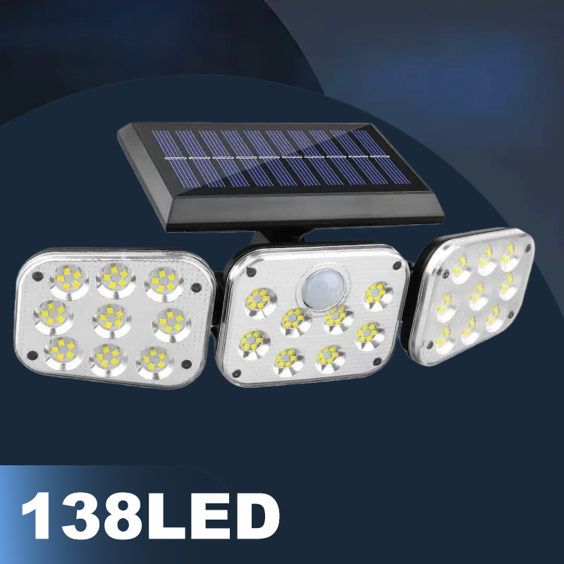 E-shop 1 Stück, 3 drehbare LED-Lampenköpfe, insgesamt 138 LEDs, kabellose Solarleuchte mit Bewegungssensor; Weitwinkelbeleuchtung 270°, sichere