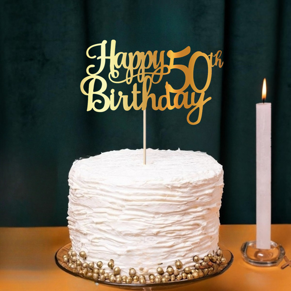 Image of 1pc Golden 50th Birthday Golden Cake Topper, Decorating Supplies, Non-electric Sparkling Anniversary Additions With , Multi- Party Decor (no Battery)