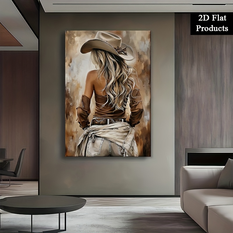TEMU 2d Flat, 2d Flat, 2d Flat Canvas Poster, 2d Flat Design, 2d Flat Design Depicting A Western Cowboy And Lady From The Back, Decorating Bedroom,
