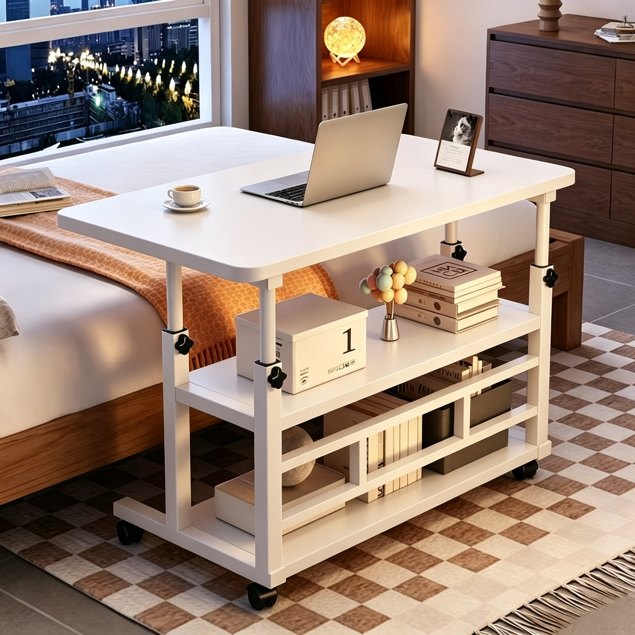 TEMU Adjustable Height Rolling Laptop Desk, 3-tier Or 1-tier Storage Mobile Side Table With Wheels, Minimalist Wheeled Computer Workstation, Bedside