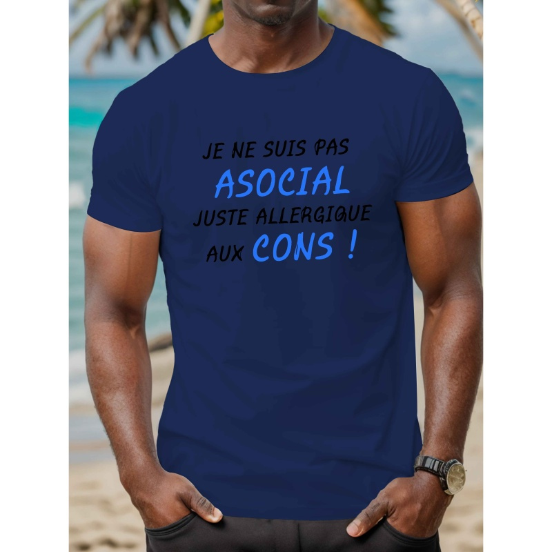 

T-shirt décontracté à française pour homme, haut d'été à col rond, tissu tricoté 100% polyester, légèrement extensible, coupe régulière, motif géométrique, 150g/m² - Amusant et confortable