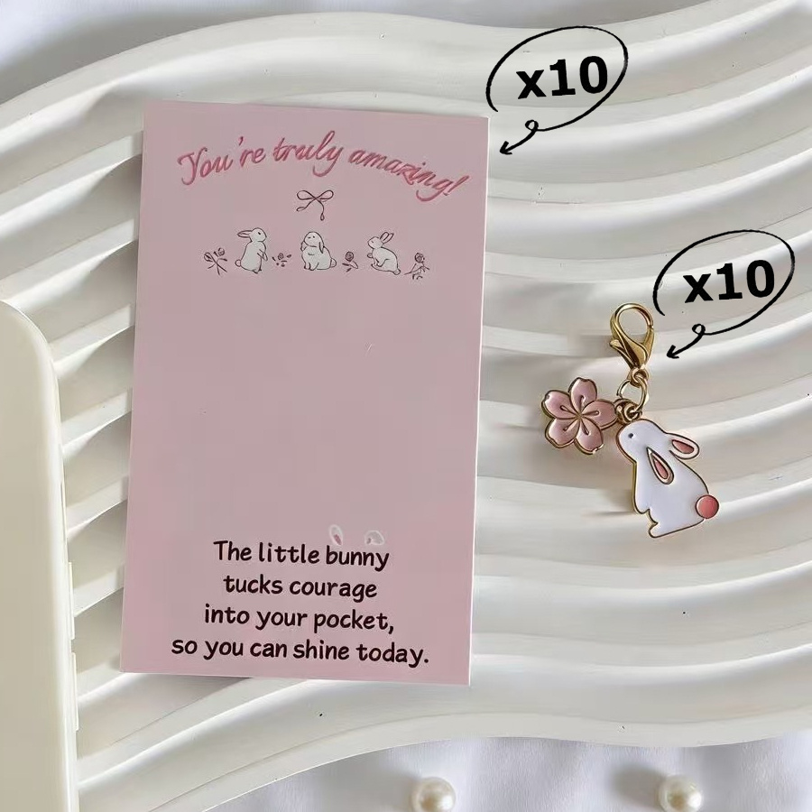 TEMU Gift For Her/him 20pcs Cute Cherry Bunny Keychain Set With Pocket Hug Encouragement Cards | For Students/workers/ | Suitable For