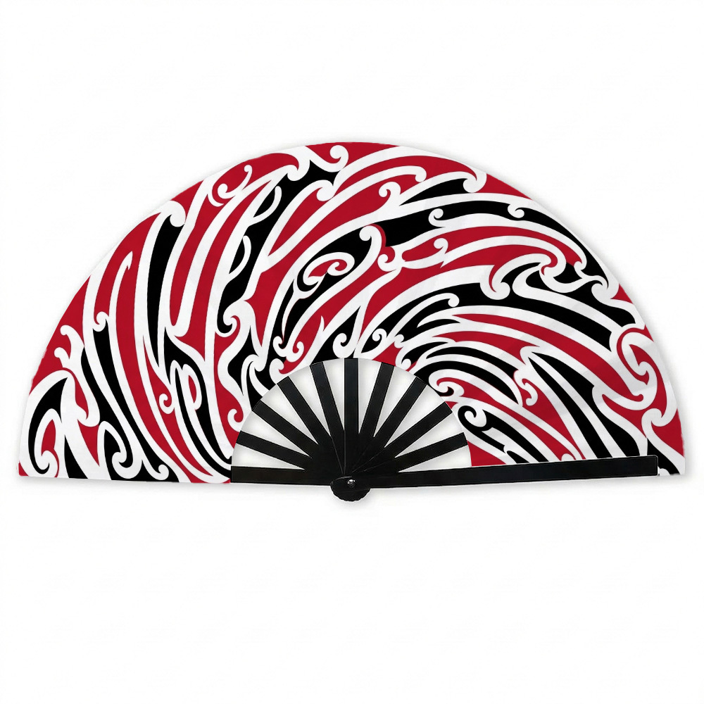 TEMU 1pc Maori Cultural Portable Folding Fan For Travel Red Black & White Koru Motif Print Folding Fan