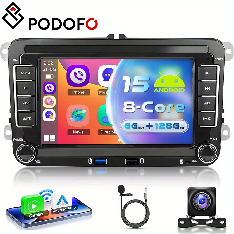 TEMU Podofo 15 Car Stereo For Vw Golf 5/6, , Jetta, Tiguan, Caddy & More - 8-core 6gb+128gb, 7-inch/9-inch Hd Ips Touchscreen, Carplay/ Auto, Gps