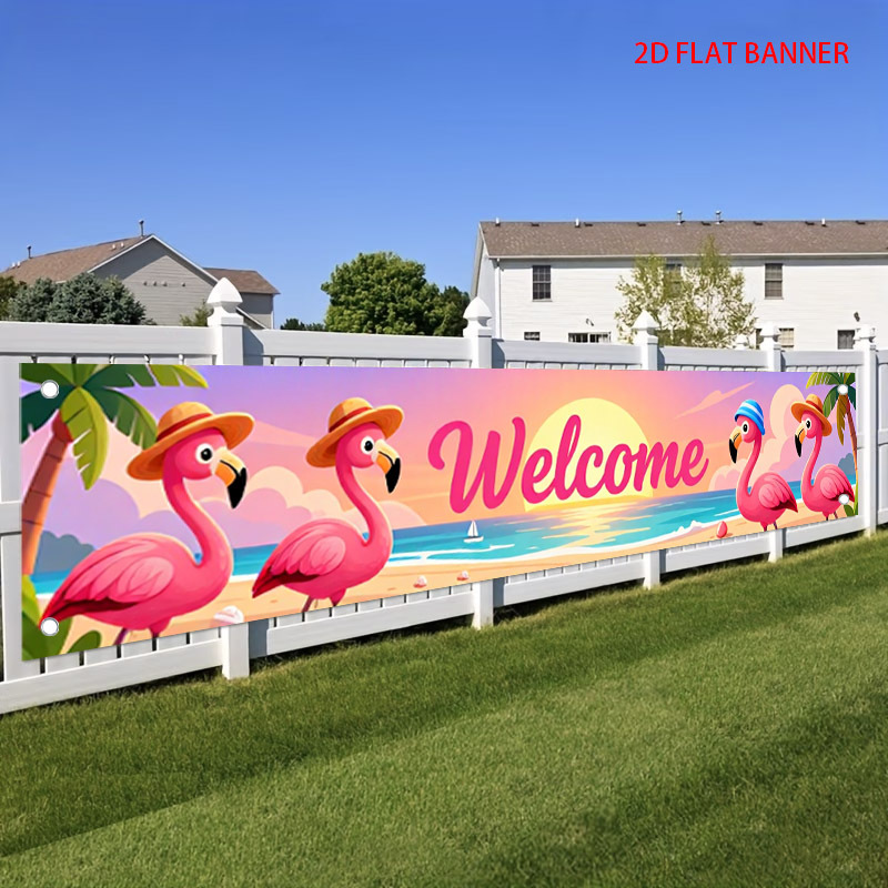 TEMU 2d Flat, 1 Large Flamingo Welcome Banner, 2d Flat. Tropical Beach Banner. Pink Cute Animal Hanging Banner. Giant Sign For Summer Party Supplies,