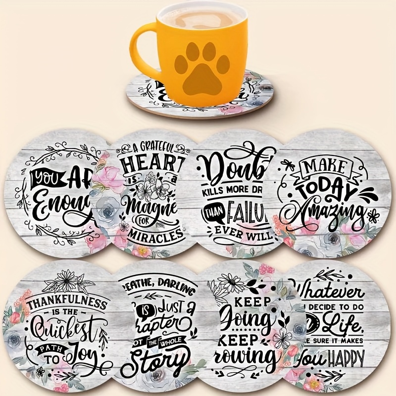 TEMU A Set Of 8 Inspirational Floral Coasters, Featuring Bohemian-style Flowers And Wooden Frames, With Motivational Quotes, Is Coffee And And