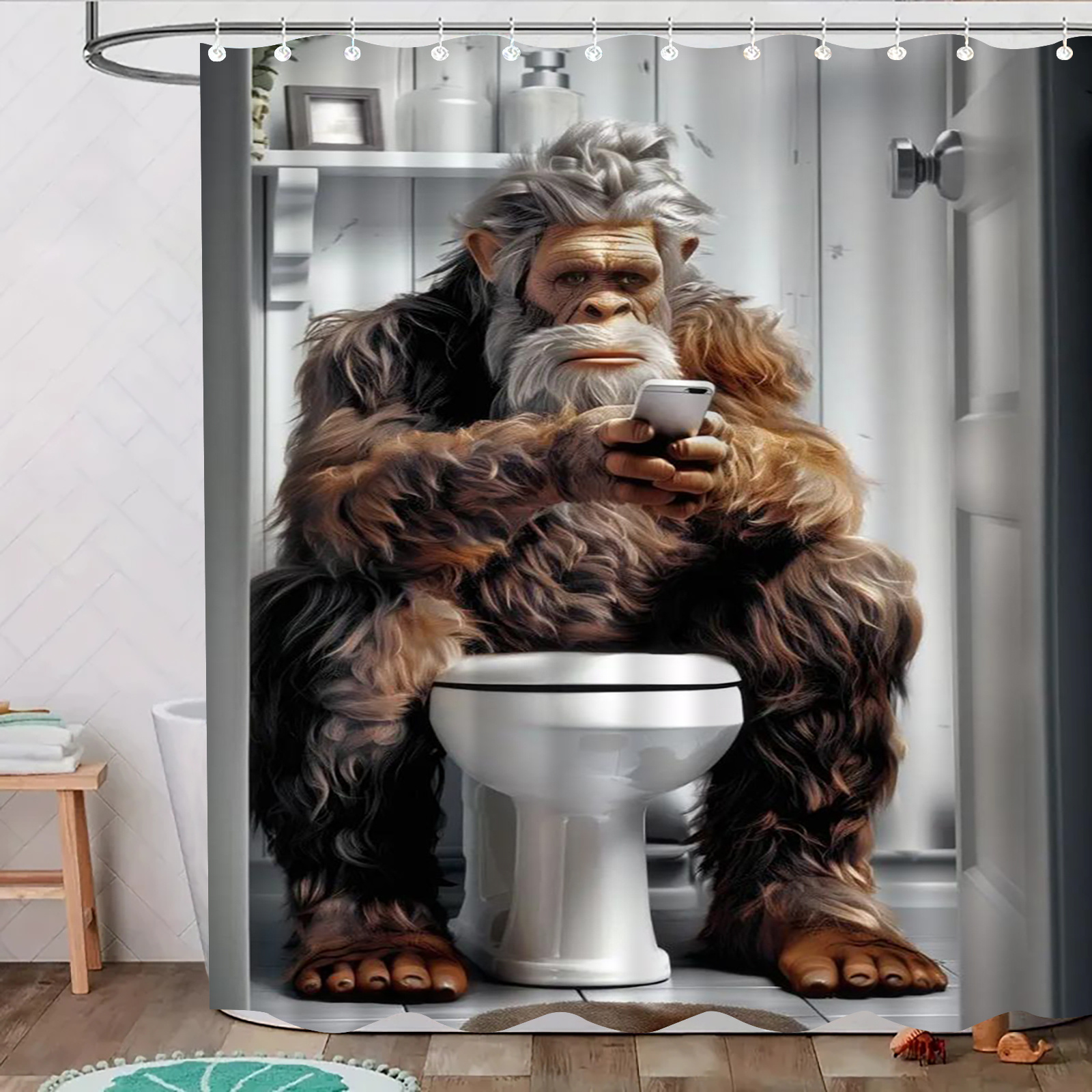 Gorilla-Themed Shower Curtain with Mobile Phone Design