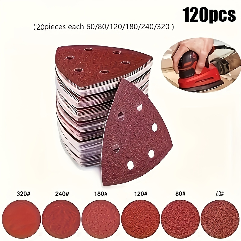 Image of 120pcs Triangular Sandpaper Planting Velvet Scratching Self-adhesive Triangular Sand Disk 6 Holes 90 X 90 X 90mm For Wood Sanding, Grit 60/80/120/180/240/320