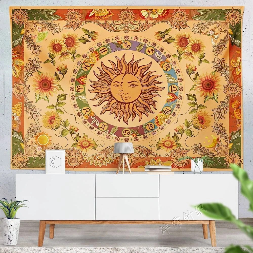 Bohemian Retro Sun Tapestry With Sunflower Butterfly And Moth_voghion.com