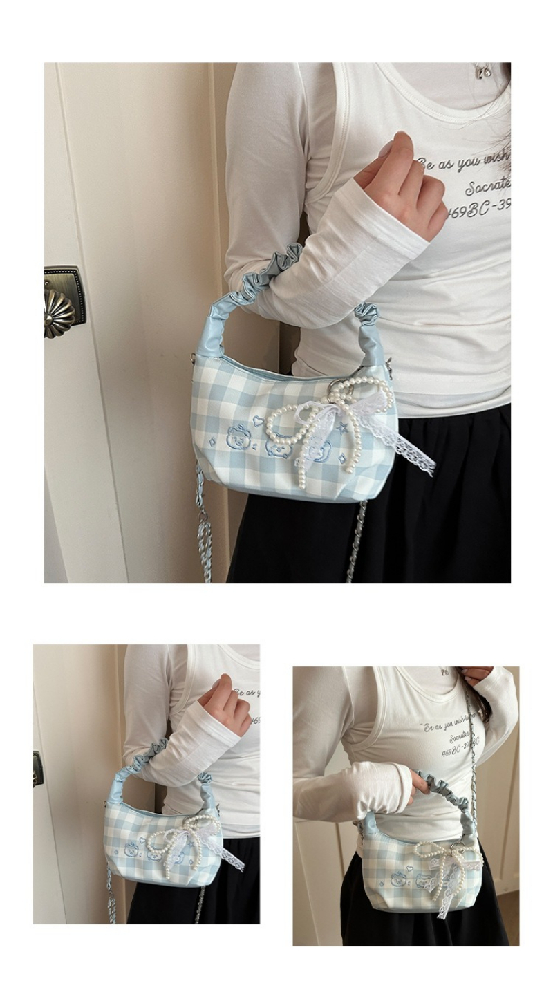 Plaid Ruched Handle Hobo Bag With Pearl Bow And Chain Shoulder Bag_voghion.com