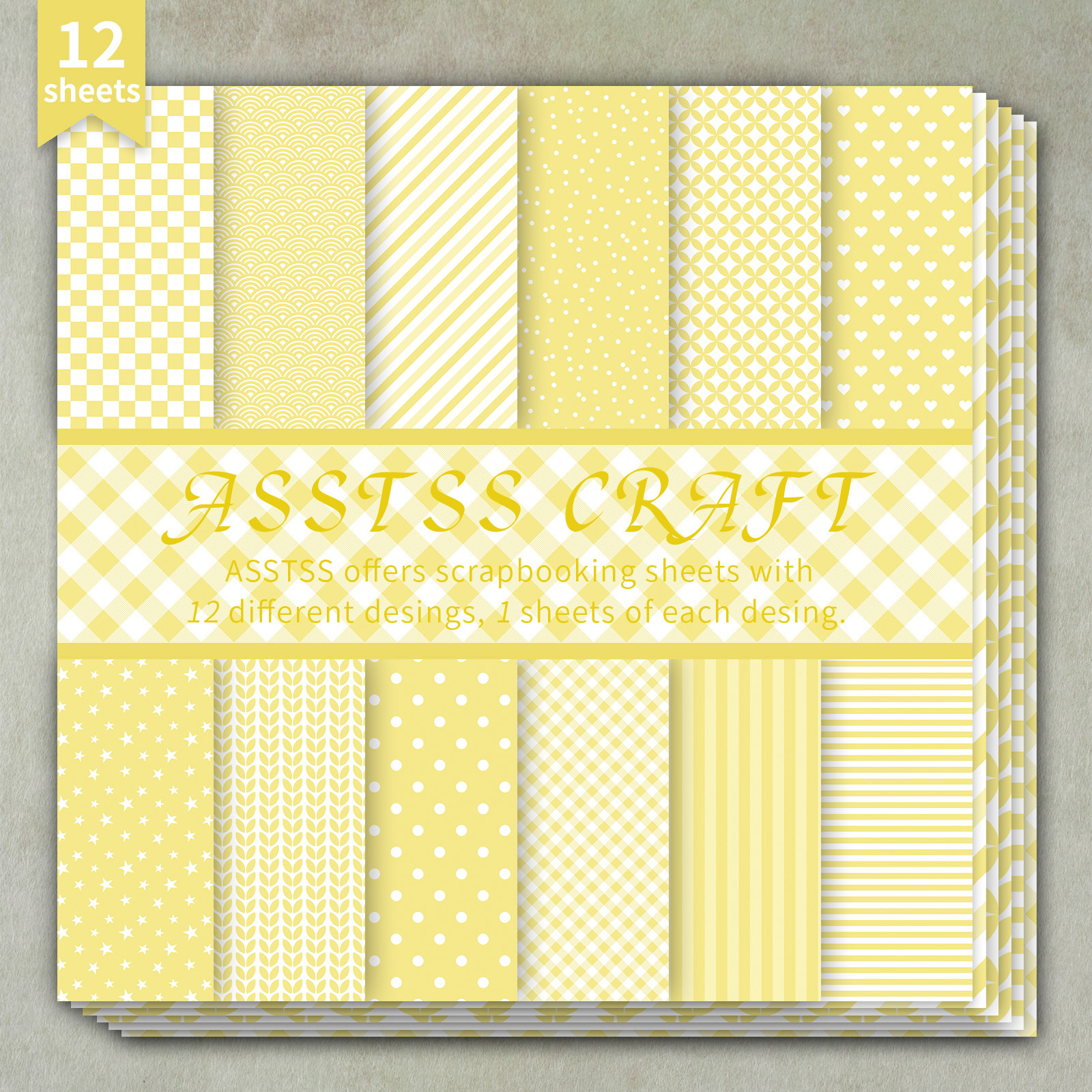 TEMU Lot de 12 feuilles de papier scrapbooking ASSTSS pouces, géométriques jaunes, papier de base de style , papier cartonné épais pour journaling,