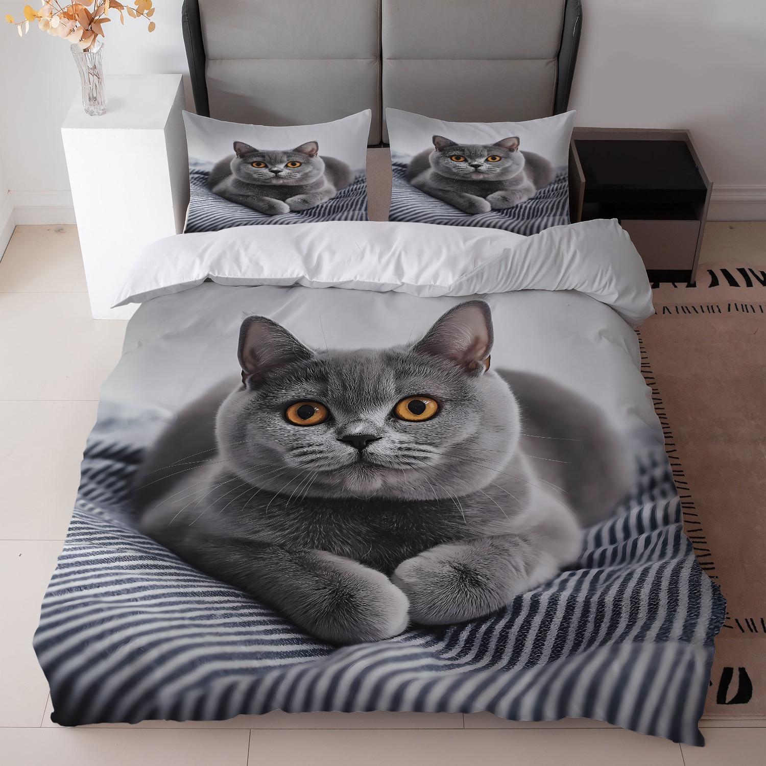 TEMU 3pcs Gray Cat Print Bedding Set - Black And White Striped Background + 1duvet Cover + 2pillowcase, Without Core - Perfect For Cat Lovers And