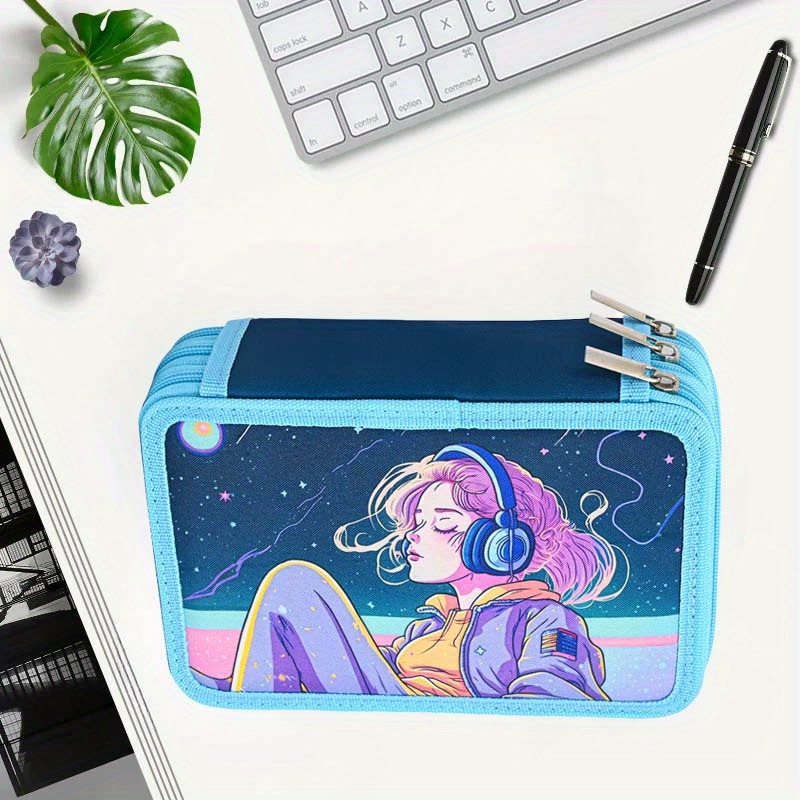 Image of 3-layer Oxford Cloth Pencil Case With Zipper, 48-hole Organizer For Colored Pencils & Drawing Pens, Vibrant Space-themed Design, Durable & Stylish Storage For Students & Artists, Pencil Pouch