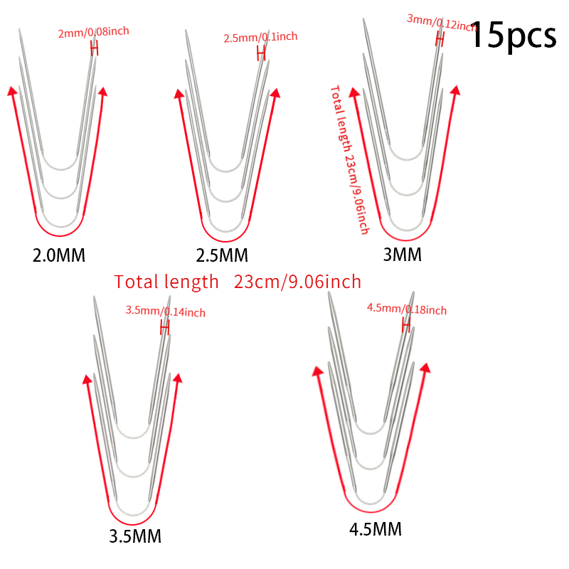 TEMU Ensemble de 15 aiguilles à tricoter circulaires, comprenant 5 tailles, aiguilles à tricoter circulaires en acier inoxydable de 23 cm, comprenant