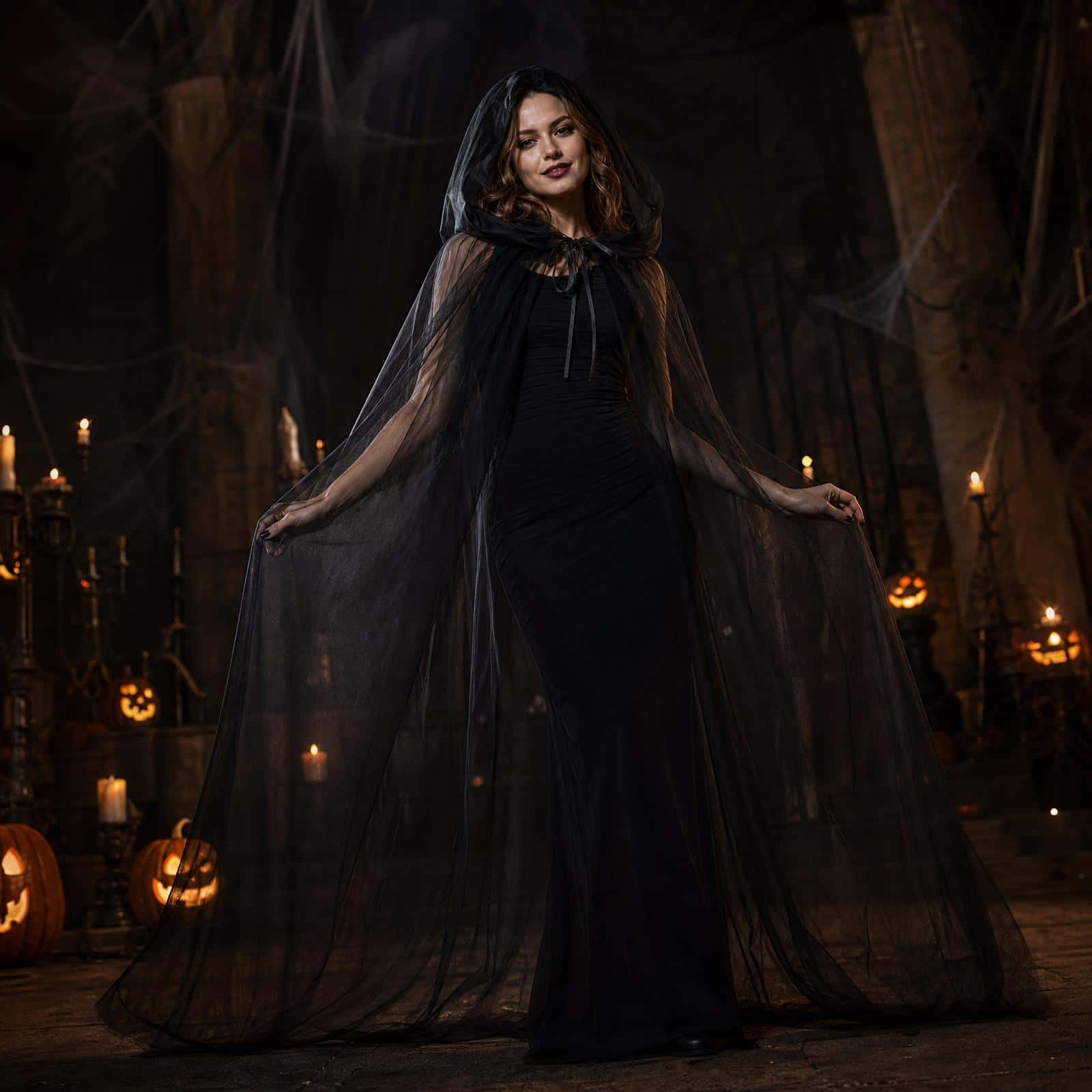 TEMU Ensemble de cape en tulle pour cosplay d'Halloween pour adultes, robe longue à capuche transparente noire et blanche, costume de fête sur le