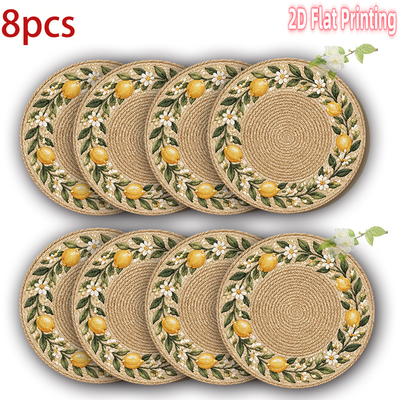 TEMU 8pcs 2d Printed Placemats Rattan Lemon Circle-polyester 15-inch, Decoration, Durable Non-slip Washable Dining Mats, For Home Decor, Wedding,