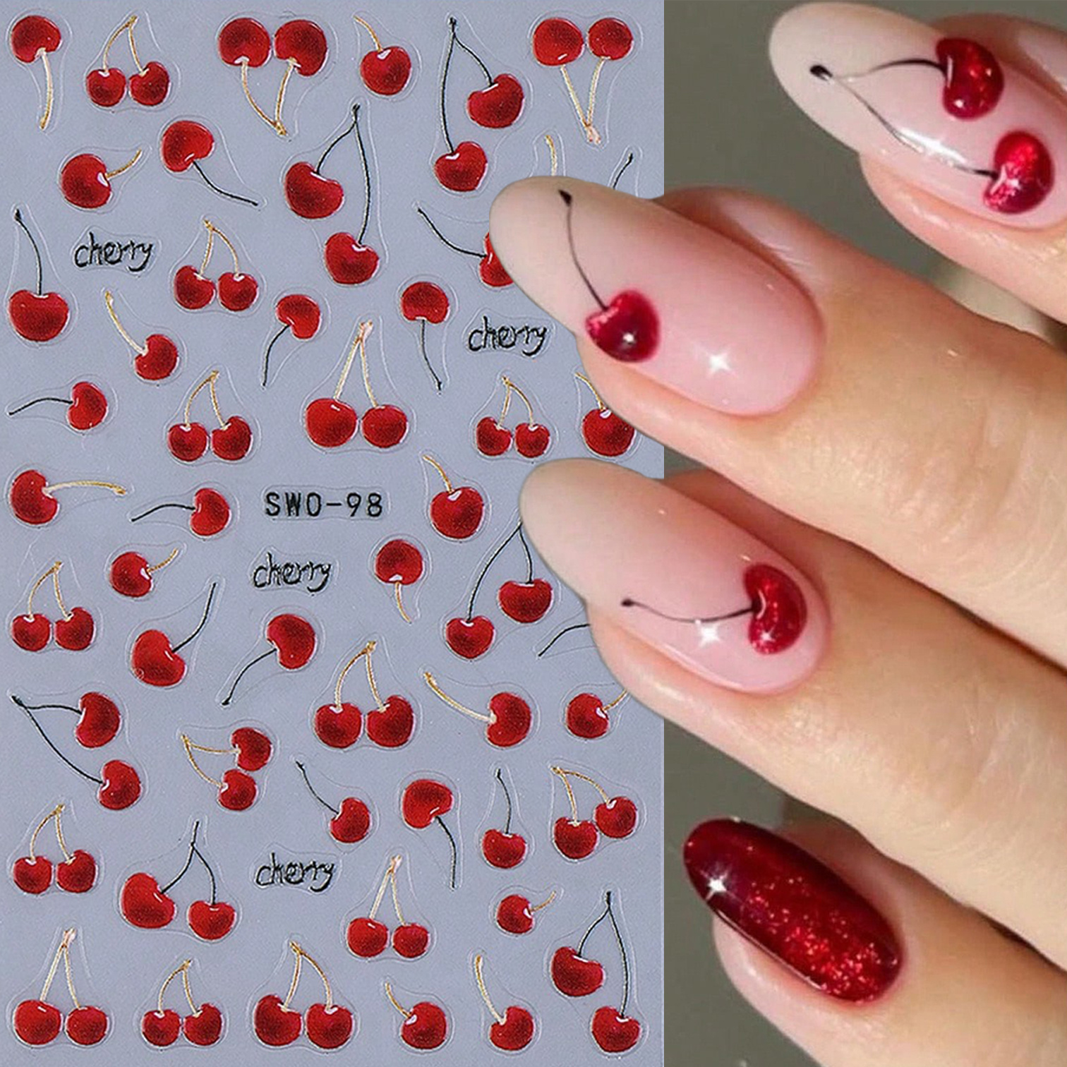 1pc 3d Juicy Cherry Nail Art Stickers, Diy Fruit Nail Stickers, Self-adhesive, Diy Nail Decor, Nail Accessories