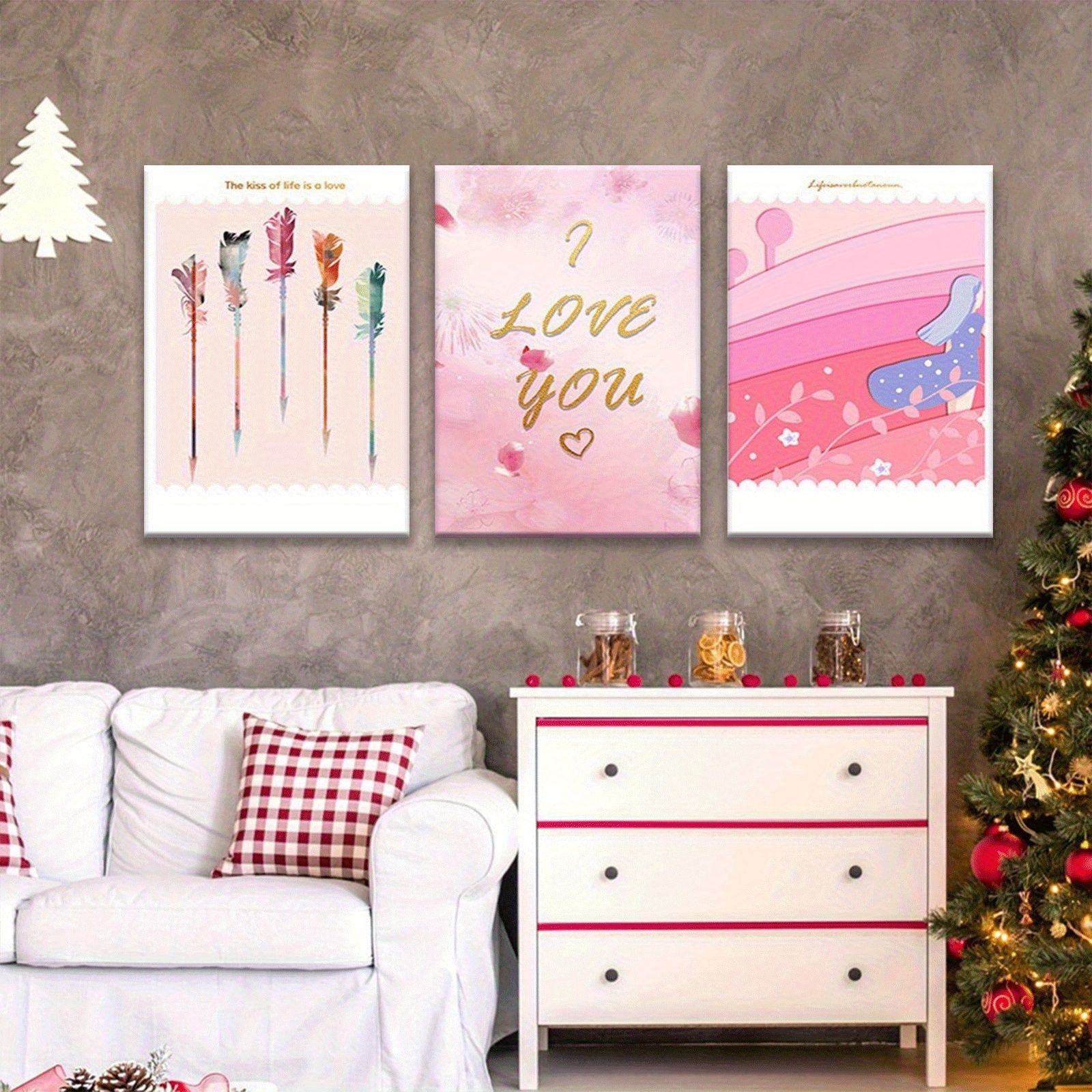 3pcs romantic bow heart canvas wall art set soft pink   theme framed paintings     horizontal wood frame decor ready to hang room wedding valentine s day cheap framed wall art panels 2d flat  