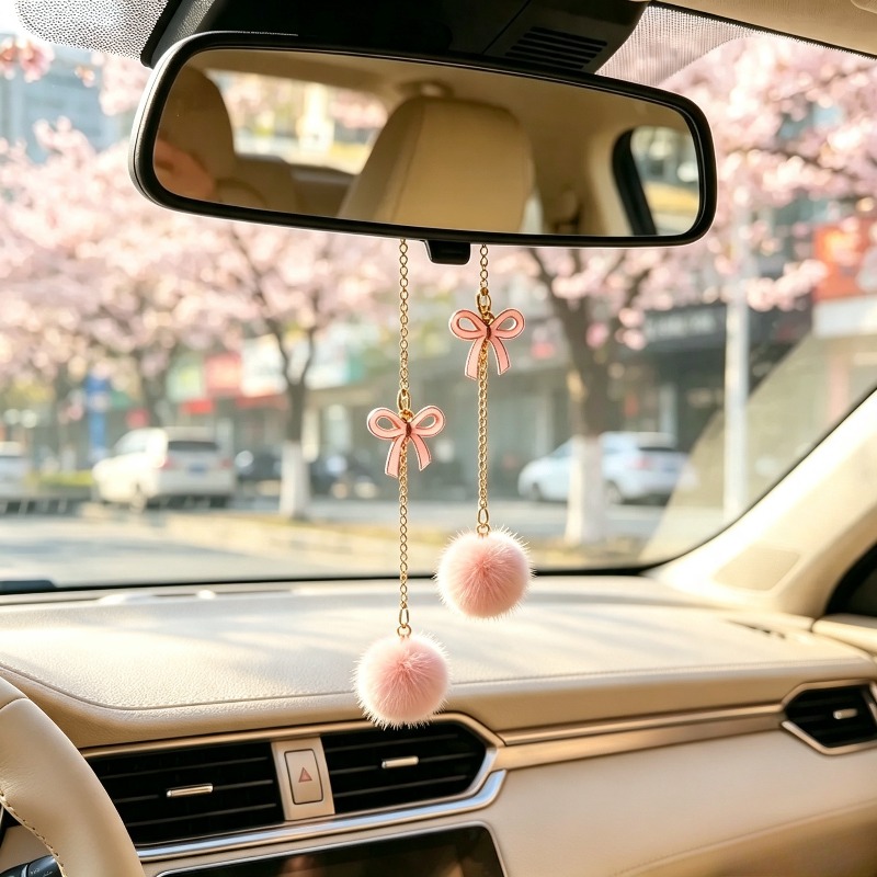 TEMU Pendentif Boule Moelleuse avec Nœud Papillon, Pendentif Décoratif pour Rétroviseur de Voiture, Accessoires Décoratifs de Voiture pour Femme,
