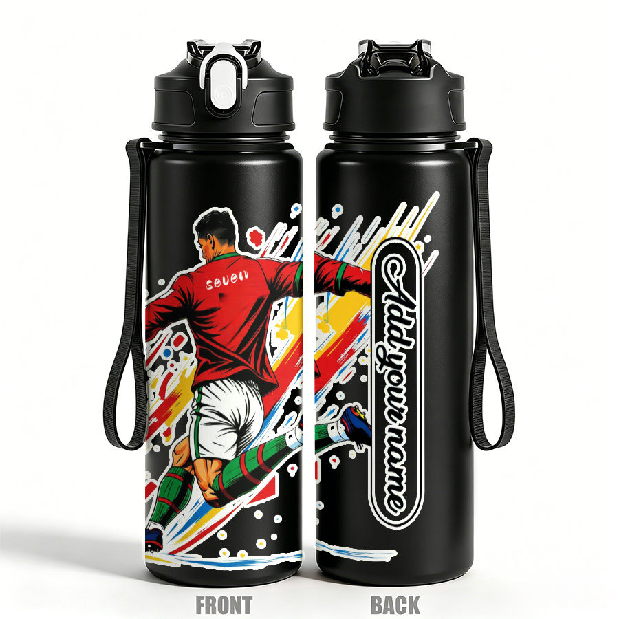 TEMU Custom Personalized Diyname Text Water Bottle 1pc 750ml 25oz Leakproof Sports Water Bottle Cup A Piece Shows A Red-jerseyed Soccer Player In