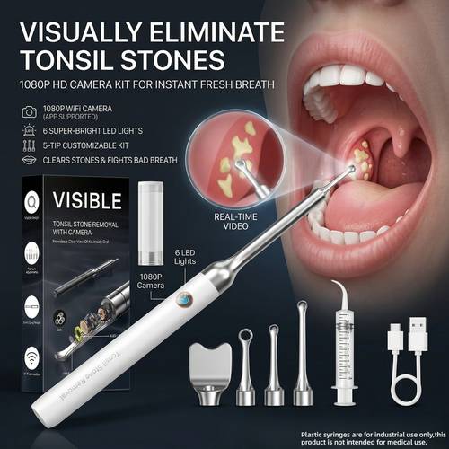 tonsil stone remover with camera 1080p hd visual removal kit with 6 led lights and 5 stainless heads for at home bad breath prevention and oral care usb rechargeable ios compatible safe cleaning tool kit