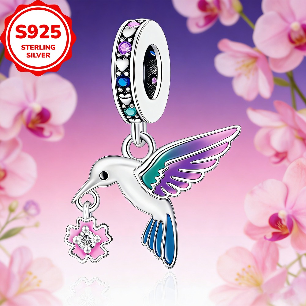 925 Sterling Silver Gradient Winged Bird & Flower Pendant Necklace