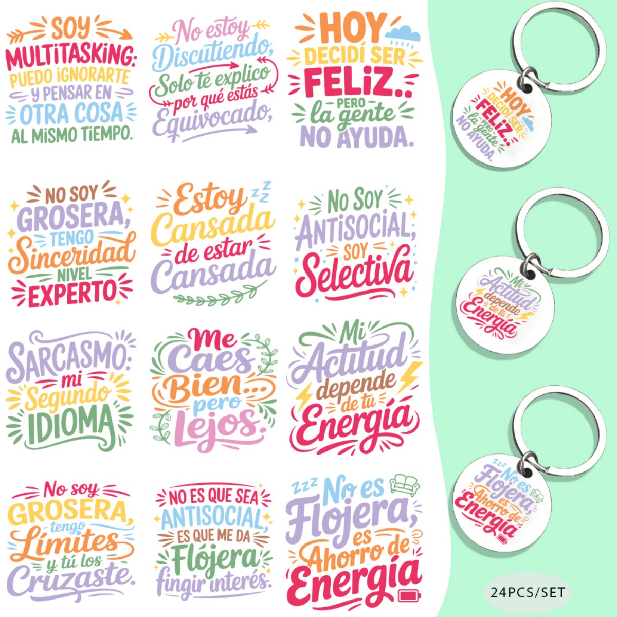 TEMU Juego de 24 piezas de papel de transferencia UV DTF para llaveros DIY con temática de sarcásticos en español - impermeable, decoración para