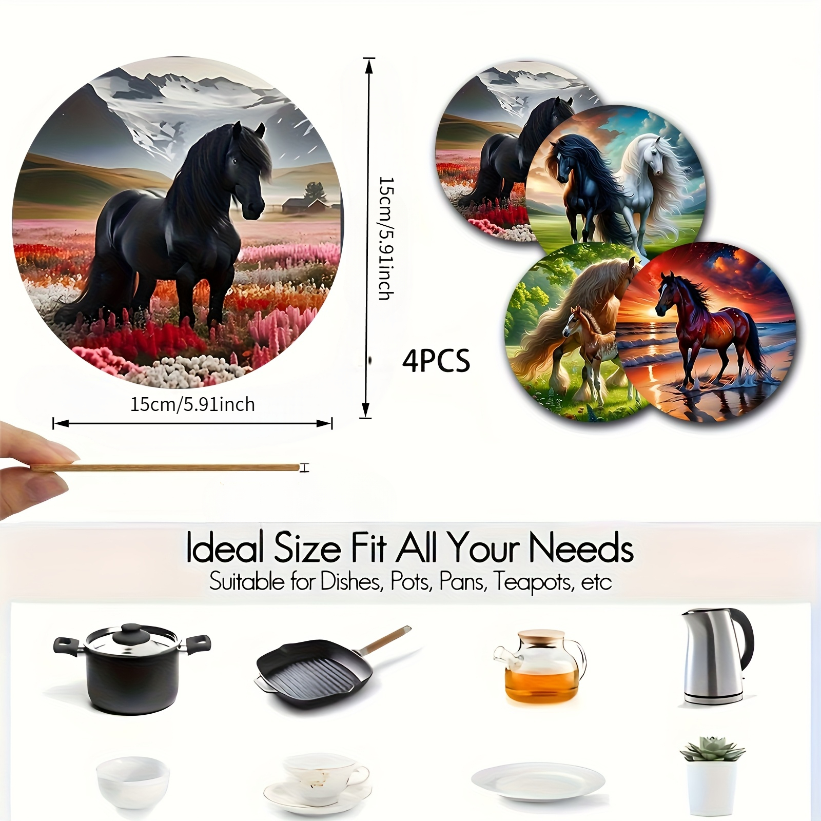 TEMU 4pcs Horses Series Wooden Placemats - Durable, Heat-resistant, Non-slip, And Easy To Clean - Home, Restaurants, Offices, Parties, And Holidays,