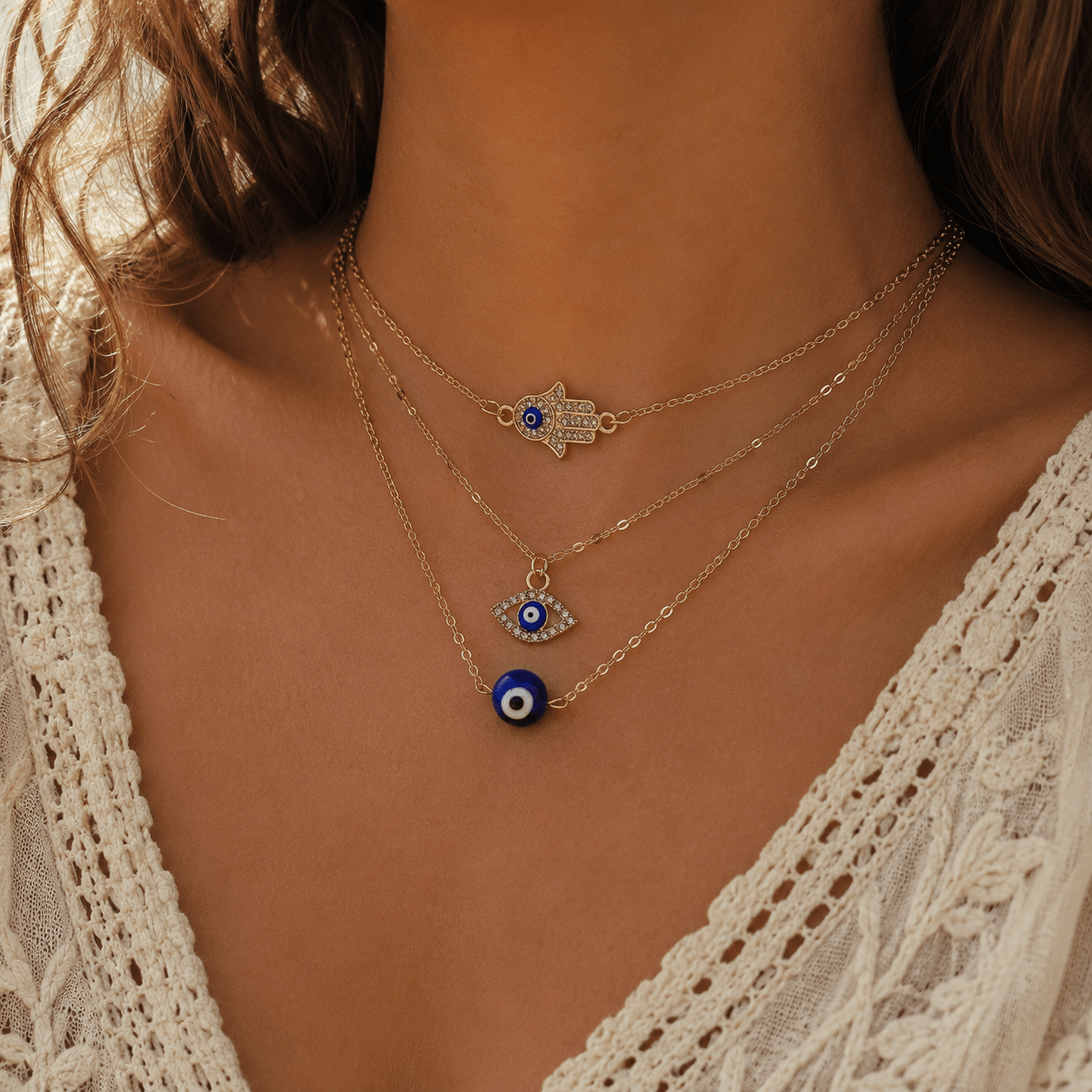 3pc Women's Bohemian Evil Eye Pendant Necklace Set