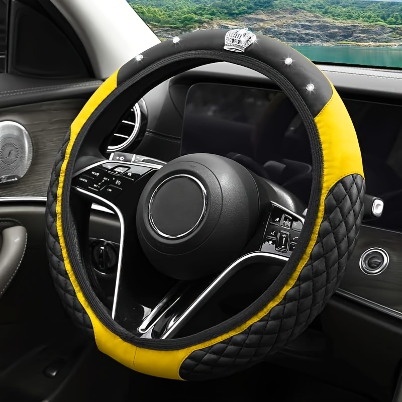 TEMU 1pc Accesorio para Coche Interior Cubierta de Rueda de Dirección Cubierta de Manija de Diamantes de Bordado Cuero de Coche Universal
