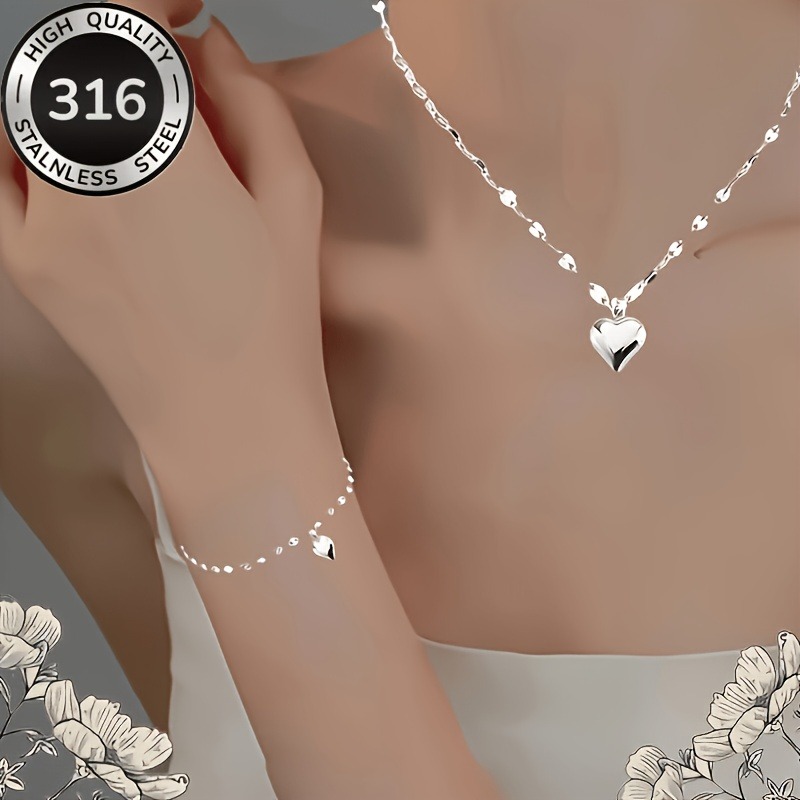 TEMU [2pcs Steel Lip-shaped Heart Pendant Necklace And Bracelet Set], Perfect Accessory, Gift, Ideal Present For Valentine's Day And Mother's Day,